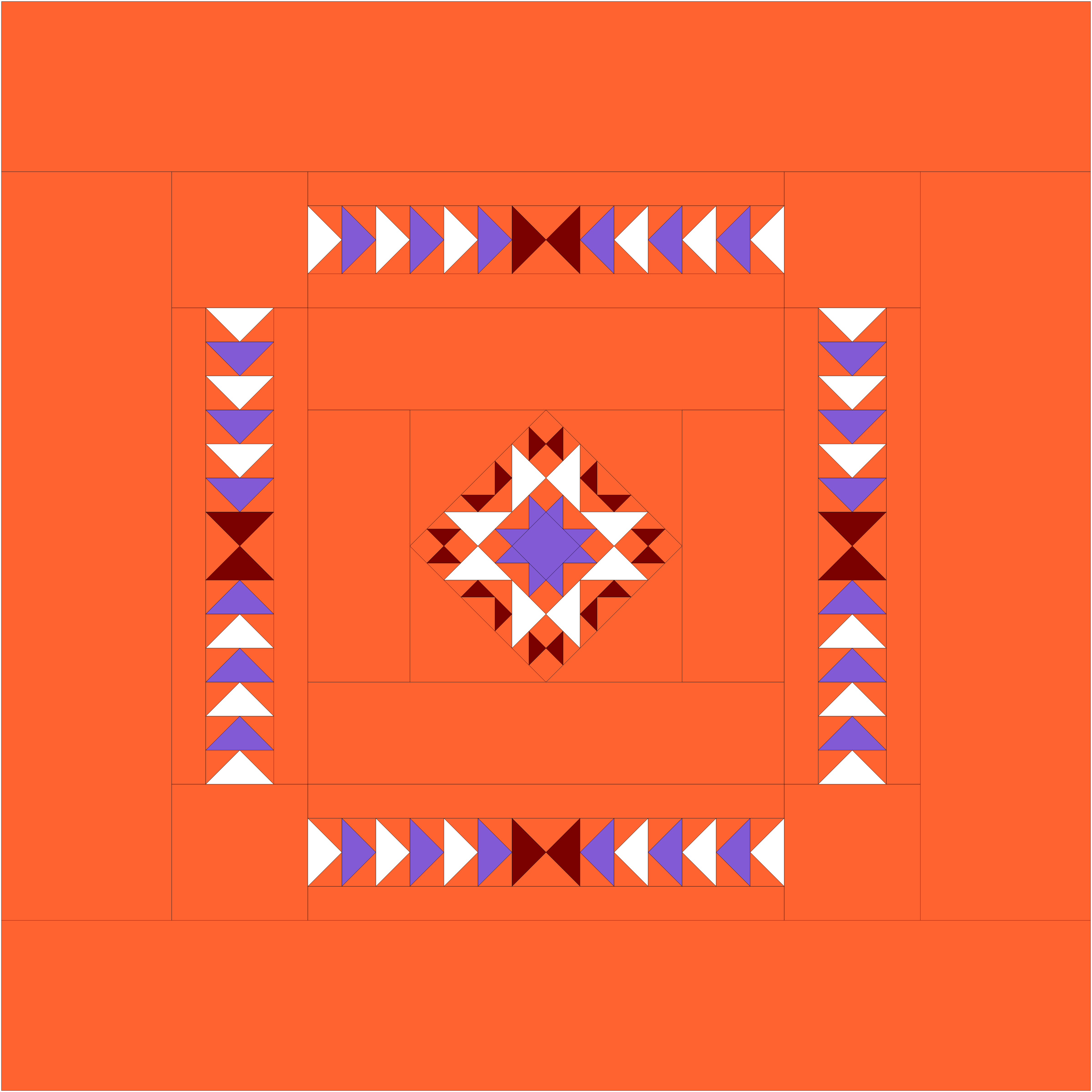 Orange, purple, white and dark red colors in a Modern colorway for the Amish Star pattern.