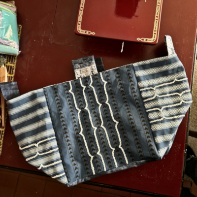 Classic Blue Ticking Stripe prints and embroidery for a Japanese rice bag.
