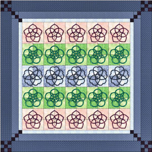 Applique on four patch blocks in a San Kamon quilt.