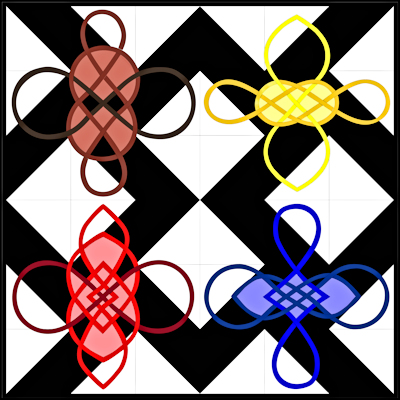 Black and white background blocks with colourful element knots.